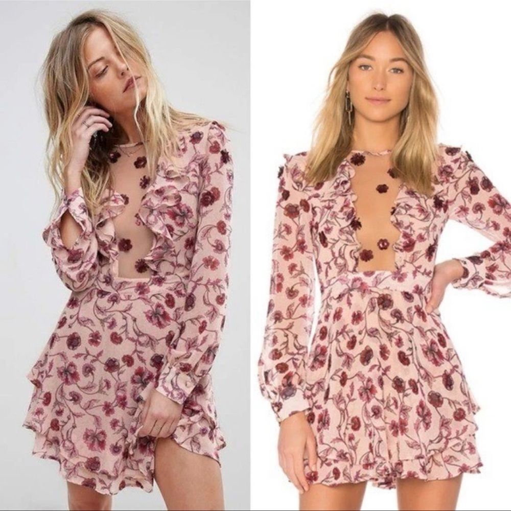 For Love & Lemons Agnes Floral Plunge Mini Dress in Soft Rose XS